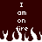 Dark red background with white pixelated text reading "I am on fire" and white pixelated flames at the bottom.