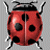 Static pixelated icon of a red ladybug with black spots and white-tipped antennae on gray background.