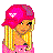 Pixelated image of a blonde character in pink attire holding a bucket, with text "Pink Cutie" and heart symbol below.