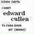 A four- displays text and imagery: top-left shows 'edward cullen' in bold type, top-right features a person with sunglasses against trees, bottom-left contains colorful bars with 'what obsession?' text