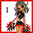 Pixel art of a character with gray hair and green eyes holding red and black pom-poms, with text changing