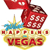 Pixelated red and gold sign with 'HAPPY VEGAS' text, blue starburst, and red flag-like shape above.