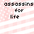 Pixelated text 'assassins for life' on a pink and white striped background with small dots.