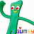 Green Gumby figure with red eyes and yellow mouth in raised-arm pose, below colorful 'GUMBY' text on white background.