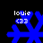 Blue snowflake-shaped icon with white text 'louie' and '<33' on black background, four variations showing different pixel arrangements.