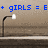 + girls = E in blue pixelated text above a streetlamp on a brown-toned background with horizontal layers.
