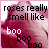 Four- of pink roses with black text 'roses really smell like' and white/black 'boo' repetitions, each showing distinct 'boo' positioning