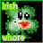 Pixelated green character with red mouth and black eyes, text 'Irish' top-left and 'whore' bottom-left on black background.