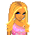 Pixel art contact sheet showing a blonde cartoon character in pink top and blue jeans with text about money and looks, arranged left-to-right across three columns on white background.