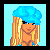 Pixel art contact sheet showing a 5-frame animation of a cartoon woman with blue accessories and text variations on light blue backgrounds.
