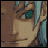 Pixelated character face with light blue hair and green eyes, showing sequential text overlays and eye movement across frames.