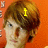 A person with brown hair against an orange background, displaying yellow text that changes across frames.