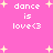 Pink background with white pixelated text 'dance is love<3' repeated four times and scattered yellow star shapes.