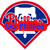 A diamond-shaped icon with red border, blue background, and white 'P' symbol; text overlays read "Go Phillies" in blue on red banner or "2008 World Series Champions" in red on blue banner.