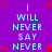 Purple background with red plus signs and cyan text reading "I WILL NEVER SAY NEVER" in two vertical