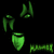 Green pixelated shapes on black background: two vertical leaf-like forms, a shield shape with horizontal line, and a rectangular bar.