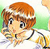 Pixelated cartoon character with brown hair and a white headband, wearing a white shirt and black necklace, holding a yellow object against a green and white background.