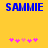 Blue pixelated text "SAMMIE" on yellow background with pink and light pink star-like shapes below.