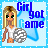 A 4x3 contact sheet of an animated AIM buddy icon featuring a pixelated blonde girl holding a striped ball, with blue text reading "Girl got Game" on a light blue star background.