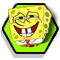 Static pixel art icon of a cartoon character with yellow sponge-like skin, wide eyes, and an exaggerated grin showing large teeth against a bright green background within a hexagonal border.