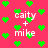 Pixelated green hearts float over a bright pink background with repeated white text reading 'caity + mike' in a pattern
