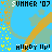 Animated pattern of repeated text and shapes on a blue background with yellow, orange, and green elements.