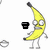 Pixelated banana character with limbs, eyes, and mouth in four variations showing different colored objects held or near its body.