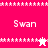 Pixelated icon with pink and white sections, text 'Swan', star borders, and two animated figures. The top-left figure moves right while the bottom-right figure changes from a plus to a cross.
