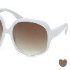 White-framed sunglasses with gradient brown lenses, a small brown heart icon in the bottom-right corner, and a white background.