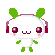 Pixelated character with white body, green limbs and ears, red headphones, pink cheeks, dark purple eyes, and a small smile on gray background.