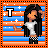 Pixel art character with long black hair, white crop top, and checkered shorts against striped background with 'T' symbol.