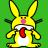 Pixelated yellow cartoon bunny with pink nose, red tongue sticking out, white belly patch, and black accents on green background.