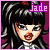 A 4x4 contact sheet of pixel art frames showing a doll character with black hair and red lips, each frame labeled "jade" in purple text above the head against a solid purple background.