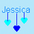 Pixelated blue text "Jessica" with three hanging hearts in light and dark blue on a pale blue background, showing animation changes between frames.
