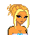Pixelated character with blonde hair and blue eyes, wearing a white top; partial torso in striped shirt and pants; text overlay reads "Im blonde What's your ecxuse".