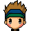 Pixel art character with brown spiky hair, blue-green headband, black collar, and pink cheeks in three expressions: open eyes, closed eyes, and squinted eyes.