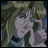 Pixelated anime-style character with long green hair and gray skin, hand near face, next to black background with white text.