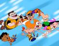 Static cartoon image of multiple animated characters in mid-air poses against a blue background with white streaks, likely from an action sequence.