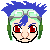 Pixel art head with blue spiky hair, green side hair, goggles, red eyes, and closed eyes in two states.