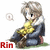 Pixelated anime-style character with light brown hair, yellow shirt, dark blue pants, and red shoes sitting on green grass holding a small object.