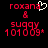 Red pixelated text on black background with white heart symbol above 'roxana' in left , static text in right