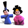 Two stylized figures in traditional East Asian attire with black hairpieces, one in blue robe, one in pink robe, standing side-by-side with subtle pose variations.