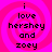 Four identical display black pixelated text on a pink spiral background, each reading 'i love hershey and zoey' in lowercase letters