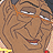 Pixelated cartoon character with brown skin, large eyes, and a wide open mouth showing teeth, wearing a red necklace and holding an orange object.
