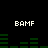 Pixelated green audio equalizer bars and white 'BAMF' text on black background, with two identical horizontal of visual elements