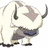 Pixelated character with white fur and brown horns stands against a blue background displaying cyan text.