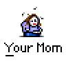 Pixel art contact sheet showing five animated frames of a cartoon woman with brown hair and red lips in blue clothing, each labeled "Your Mom" below the icon.