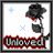 A pixelated icon shows a black rose with red accents, blue X and + symbols on white background, and 'Unloved' text in red outline. The rose's stem shifts position between frames while other elements remain static.