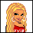 Pixelated image of a blonde woman with hoop earrings wearing a red top, set against white and solid color backgrounds.