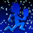 Pixelated blue figure running against dark starry background with scattered light particles.